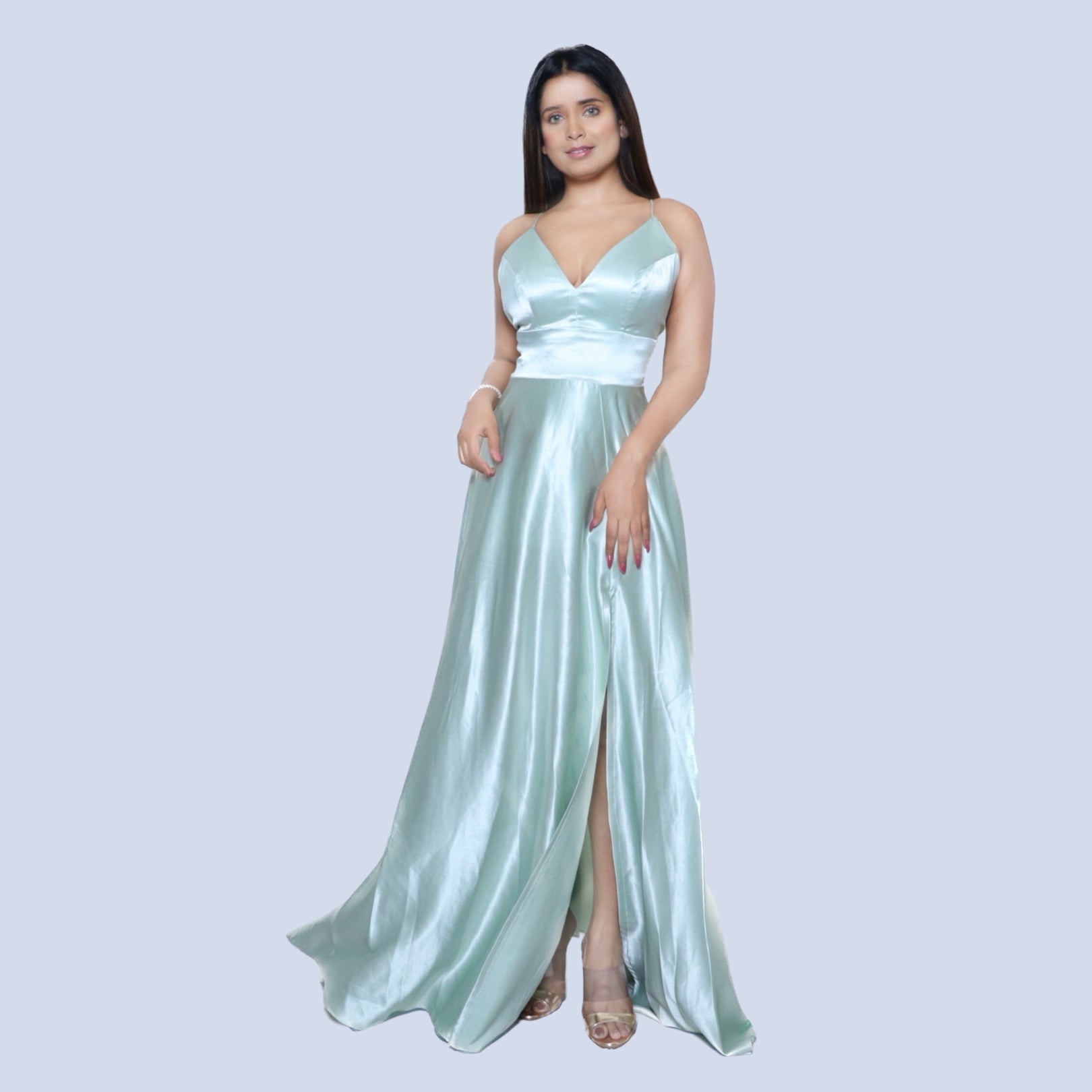 Satin Sea Green Front Slit Gown