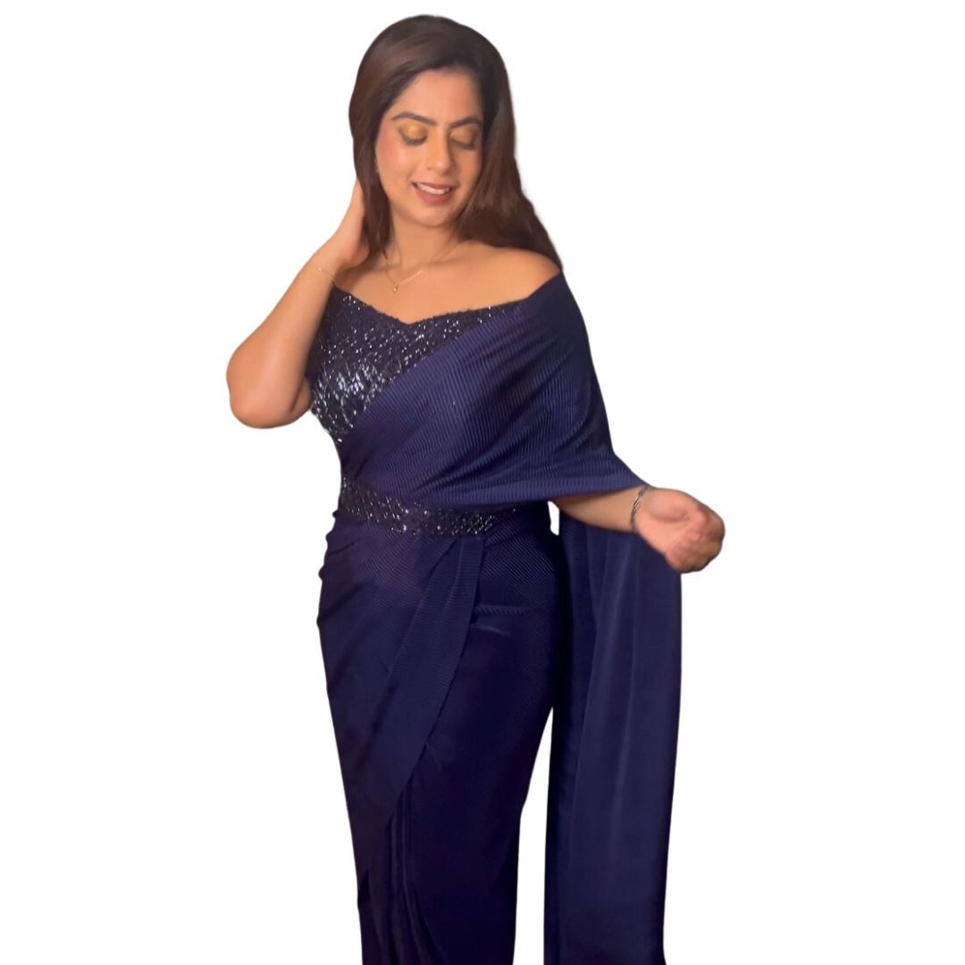 Midnight Blue Saree With Hand Embroidered Blouse And Belt