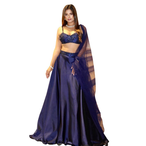 Midnight Satin Blue Lehenga With Hand Embroidered Blouse