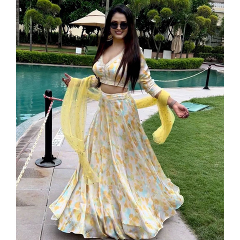 Yellow Georgette Printed Kalidar Lehenga