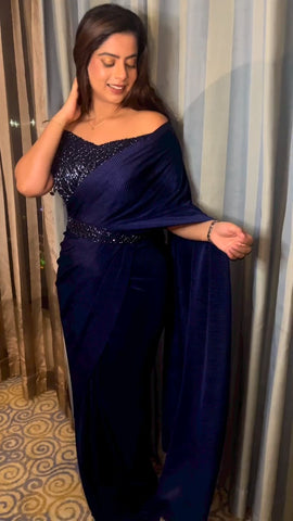 Midnight Blue Wrinkled Saree With Hand Embroidered Blouse And Belt