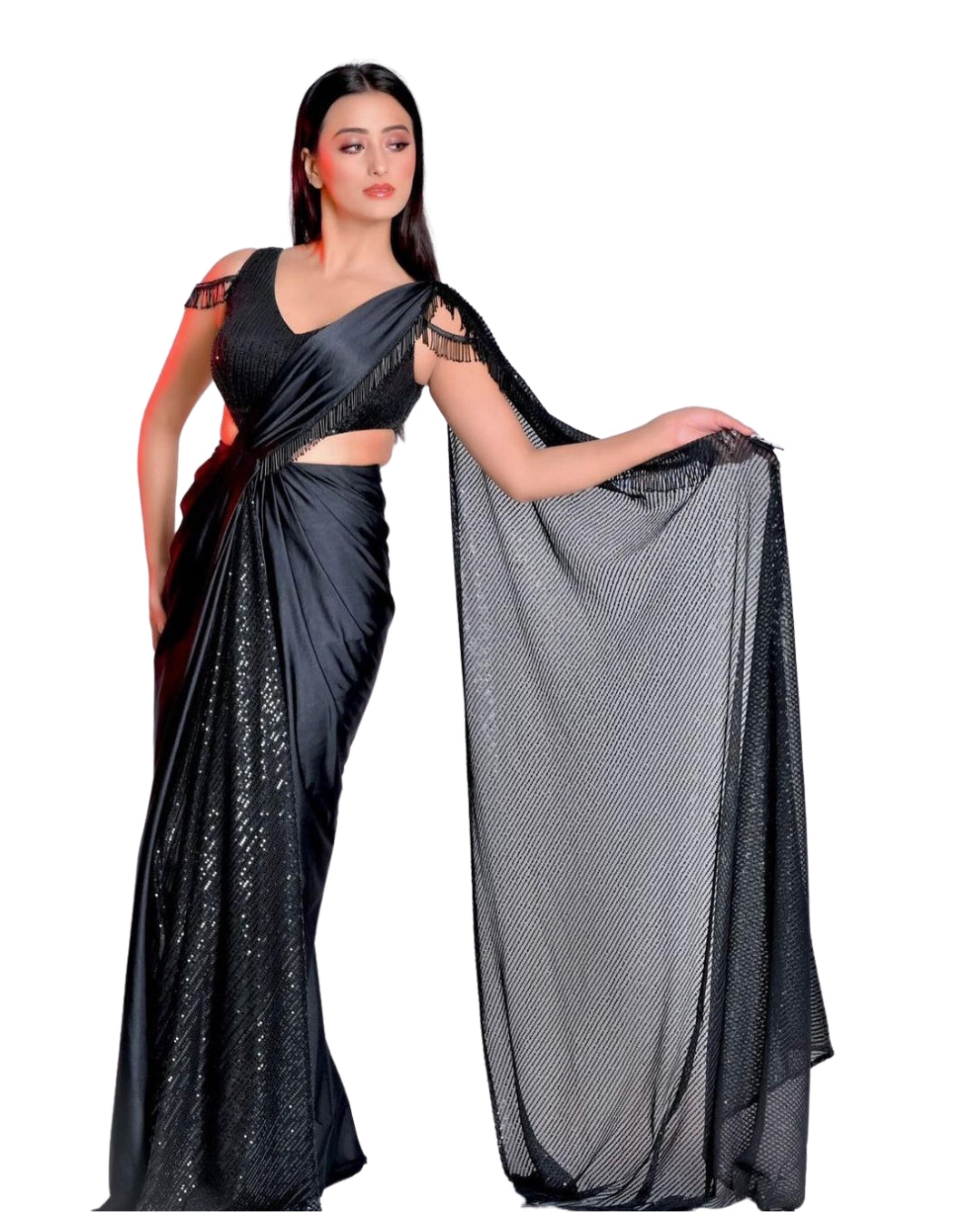 Lux Lycra and Sequence Embellished Pre-drape Black Cocktail Saree