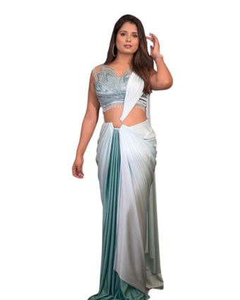 Sea green dual shape pre drape saree with ring